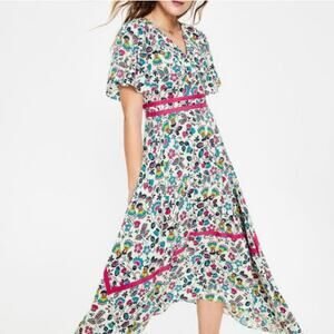 Boden Holly Floral V Neck Short Sleeve Hanky Hem Long Midi A Line Dress-size 4